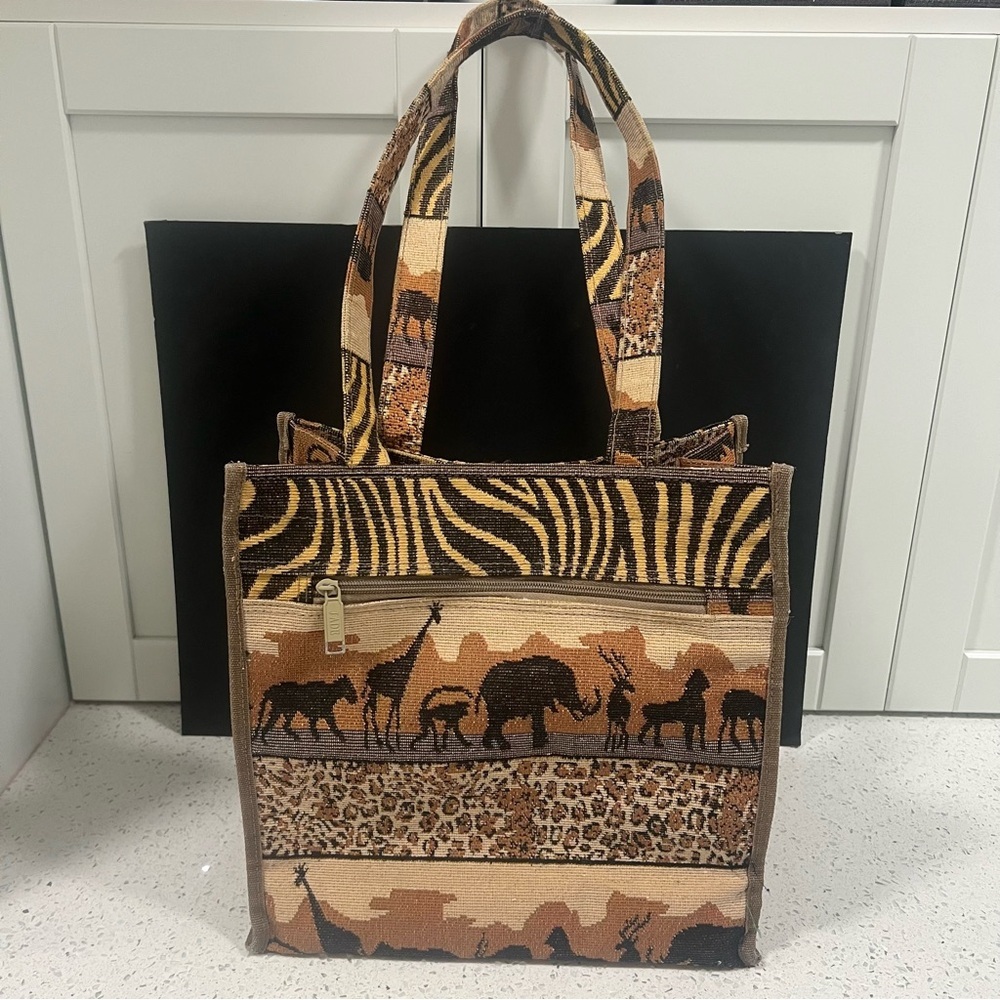 JADE Tapestry Canvas Zipper & Velcro Safari Animal Print Lined Tote Bag